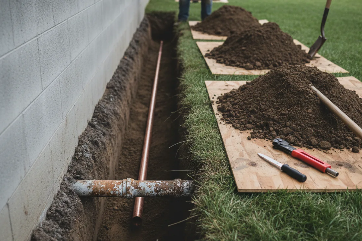 Excavated water line trench during Sewer Line Repair in Dunlo